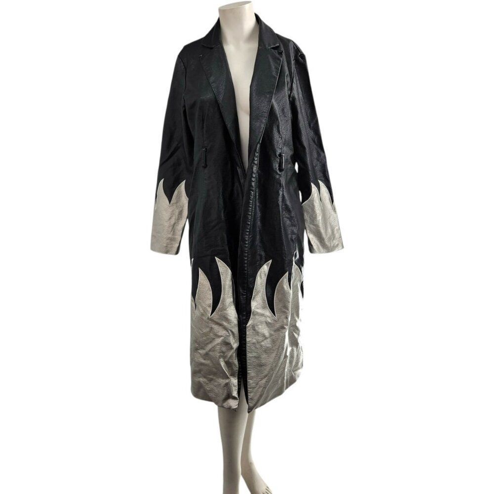 THE RAGGED PRIEST Immortal Coat 16 Silver Flames Faux Leather Trench Mall Goth - Picture 7 of 12